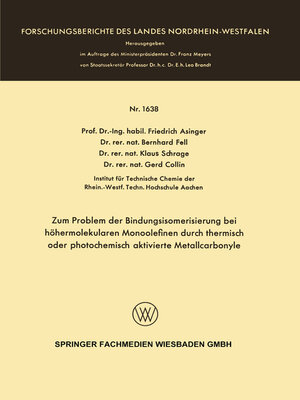 cover image of Zum Problem der Bindungsisomerisierung bei höhermolekularen Monoolefinen durch thermisch oder photochemisch aktivierte Metallcarbonyle